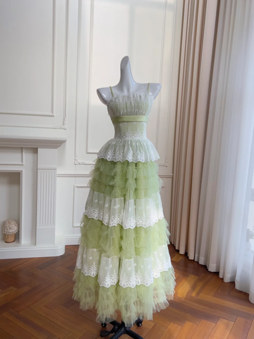 New A Line Spaghetti Strap Layered White Lace Green Tulle Party Dress Evening Dress HZ1023